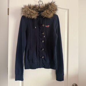 Hollister Women's Dark Blue Sweatshirt with Faux Fur Trim Hood